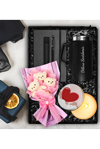 Apollon Gift Shop Üçlü Ayıcık Buketi & Bardak Termos & Kişiye Özel Defter & D...