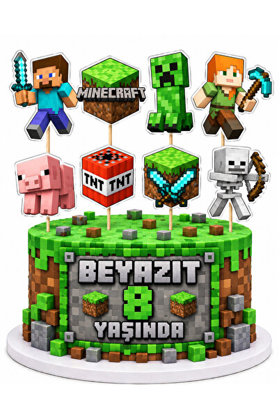 telaşe memuru İSİMLİ - Minecraft Pasta Süsü Çubuklu ve Şeker Kağıtlı Doğum Gü...