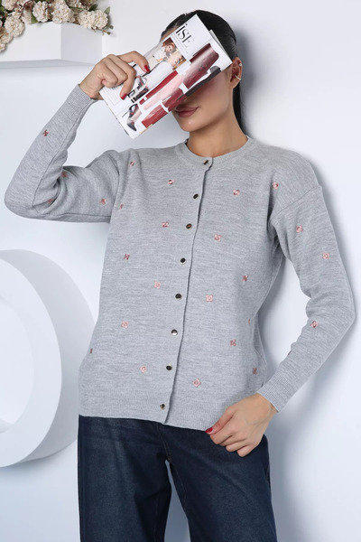 TOZLU Gray Embroidered Knitwear Cardigan