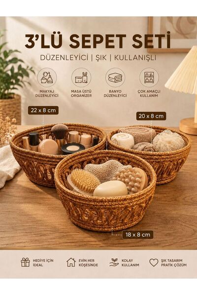 EYLCOTTON Jüt Hasır El Yapımı 3'lü Banyo Seti Organizer Eşya Düzenleyici Deko...