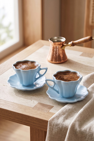 Minole Çiçek Formlu Türk Kahvesi Fincan Takımı 2 Kişilik 150 ml Şık Kahve Fin...