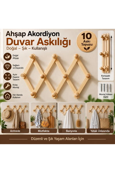Genel Markalar 10 Topuzlu Ahşap Akordiyon Duvar Askılığı – Açılır Kapanır Çok...