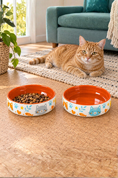 Pawicci Kedi Köpek Mama ve Su Kabı Porselen Kase 600 ml İkili Seramik Set Des...