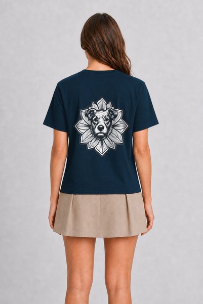 WAKHA Tattoo Style Curious Dog - Back Print T-Shirt - Navy Blue