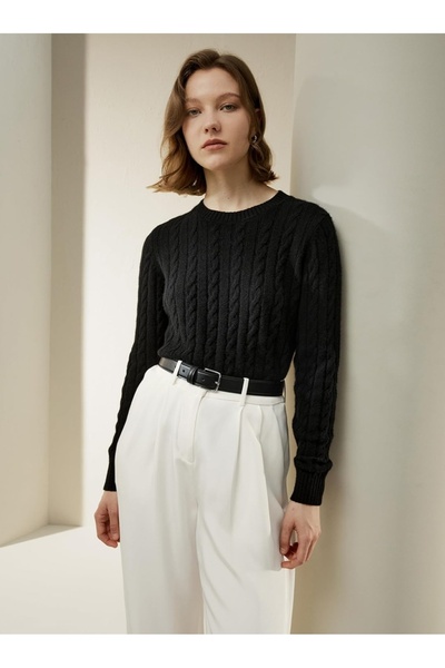 POİNE Women's Crew Neck Hair Knit Patterned Special Edition Knitwear Sweater