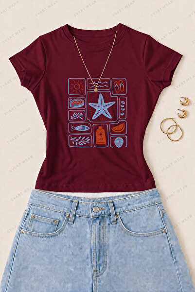 SVART WEAR Women's Summer Vacation Icons Printed Cotton Lycra Slim Fit Body T...