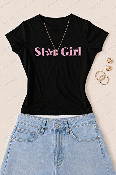 SVART WEAR Γυναικείο μπλουζάκι Star Girl με ροζ στάμπα από βαμβάκι Lycra - Μαύρο