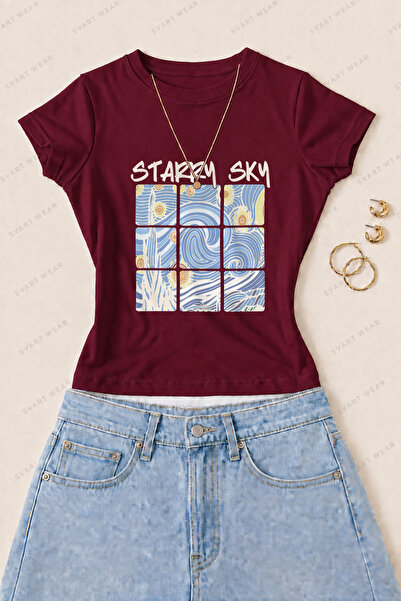 SVART WEAR Γυναικείο μπλουζάκι με στάμπα Starry Sky από βαμβάκι Lycra - Βουργ...