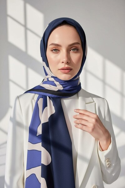 Vissona Kadın Lüks Medine Ipeği Şal Lacivert-3