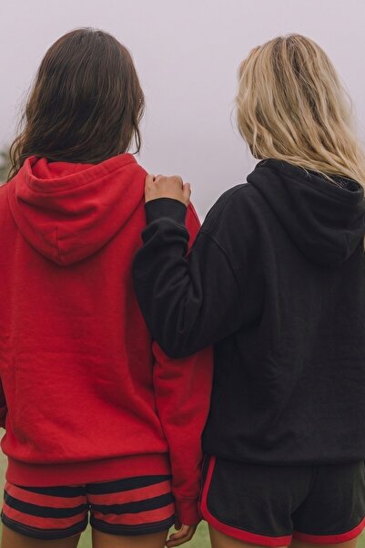 GIA - ART Unisex 2-Piece Oversize Basic Hoodie Black & Red – Hooded, with Pockets, 3-Thread Ribbed Fleece