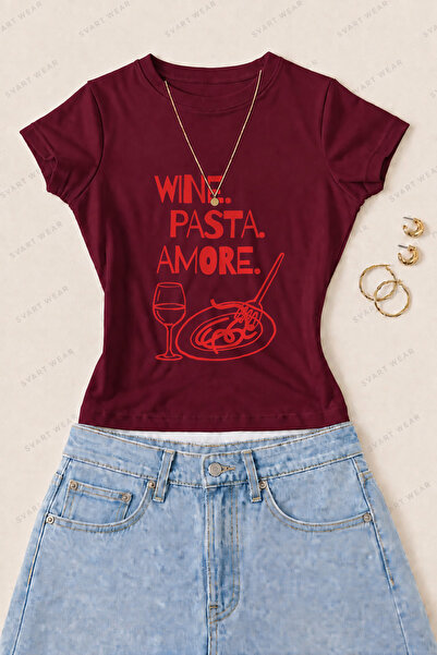 SVART WEAR Women's Wine Pasta Amore Printed Cotton Lycra Slim Fit Body T-Shir...