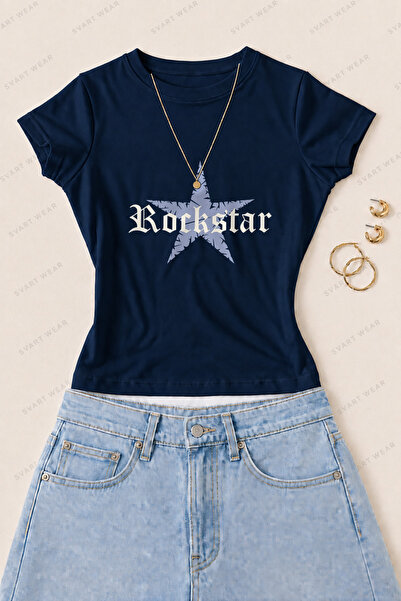 SVART WEAR تي شيرت نسائي من القطن الليكرا بطبعة روك ستار ستار - أزرق داكن