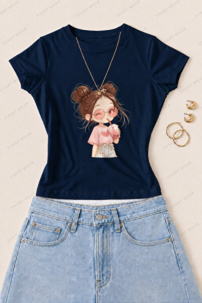 SVART WEAR تي شيرت نسائي ضيق من القطن الليكرا مطبوع عليه رسومات فتاة لطيفة - ...