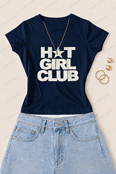 SVART WEAR تي شيرت نسائي ضيق من القطن الليكرا مطبوع عليه Hot Girl Club - أزرق...