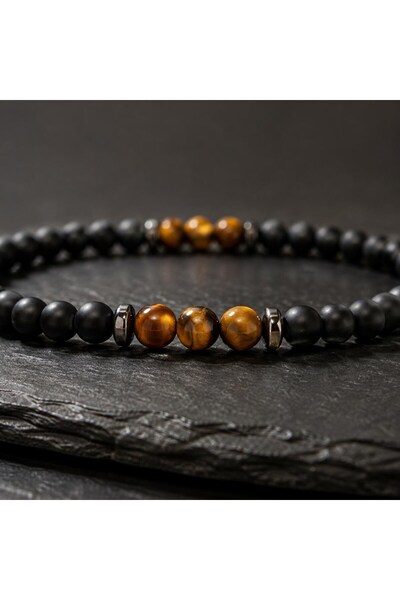 Taşmir 6 mm Tiger's Eye and Matte Onyx Bracelet, Men's Natural Stone Gift