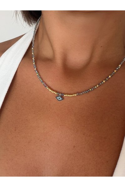 DGK COLLECTİON Gray Natural Stone and Gold-Colored Dorica Pendant with Eye Detail on the End, Handcrafted and Stunning.