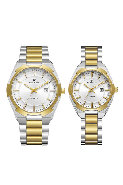 Maxwell Maxwell Men's & Women's Quartz Couple Watch Set - Gold/Silver with Wh...