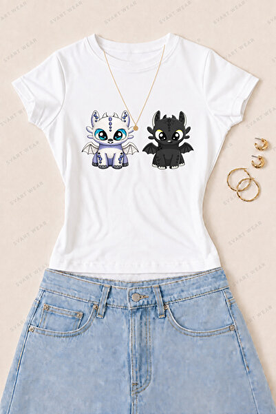 SVART WEAR Γυναικείο μπλουζάκι με στάμπα Cute Dragons από βαμβακερό Lycra - Λ...