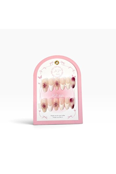 GENRE 36-Gig Nails Luxury Pink Nude Nails with 3D Pink Flowers and Chrome Plash Design with Hand Carved French Tips