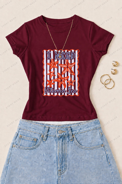 SVART WEAR تي شيرت نسائي من القطن الليكرا بطبعة نجم البحر من فيتامين سي - أحم...
