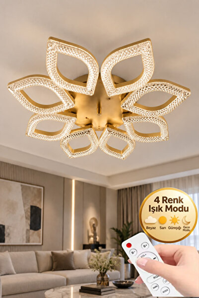 Lumia Lighting Yonca Model Gold Kumandalı 6"lı Ledli 3 Renk Modu Kristal Salo...