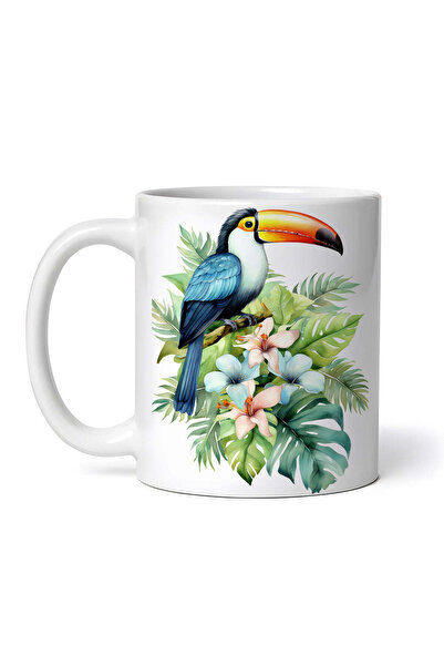 INOVATIX Cana alba personalizata,Papagal Tucan cu flori tropicale albastre,IN...