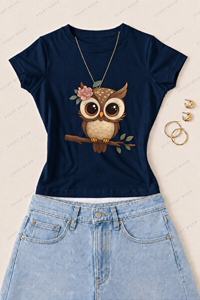 SVART WEAR تي شيرت نسائي ضيق من القطن والليكرا مطبوع عليه زهرة البومة - أزرق ...