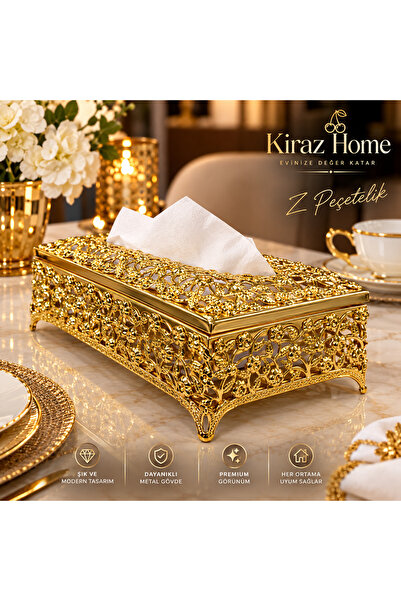 KİRAZHOME Lüx Z Peçetelik Gold Renk Metal Çiçek Motifli Dekoratif Peçetelik- ...