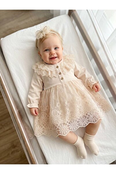 Bebila Baby Kız Bebek Mevlütlük Elbise Bandanalı Dantelli Yenidoğan Hastane ç...
