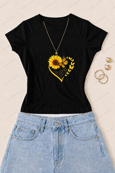 SVART WEAR تي شيرت نسائي ضيق من القطن الليكرا مطبوع عليه زهرة الشمس والفراشة ...