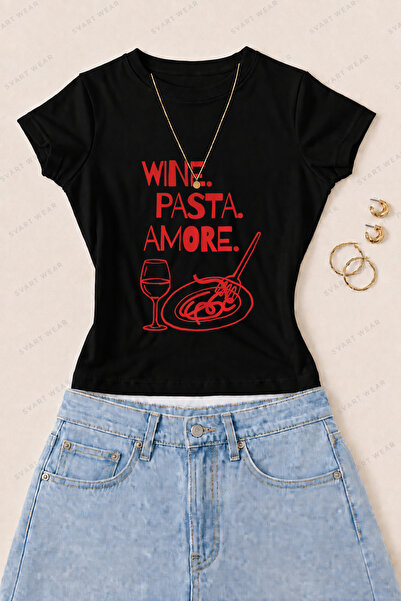 SVART WEAR Women's Wine Pasta Amore Printed Cotton Lycra Slim Fit Body T-Shir...