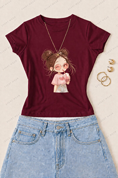 SVART WEAR Women's Cute Girl Illustration Printed Cotton Lycra Slim Fit Body ...