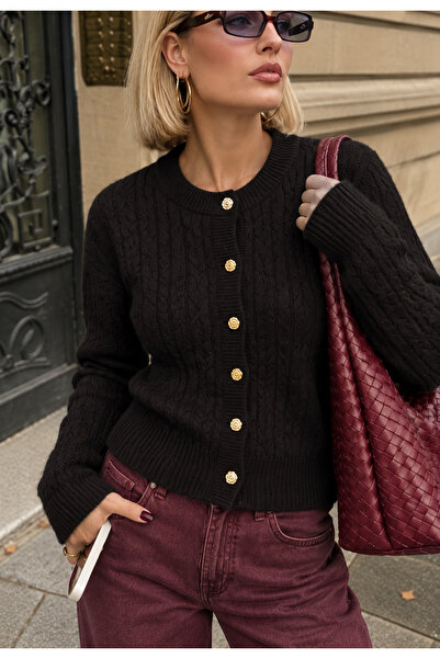 NİLZA Vienna Premium Black Gold Buttoned Hair Knitwear Cardigan