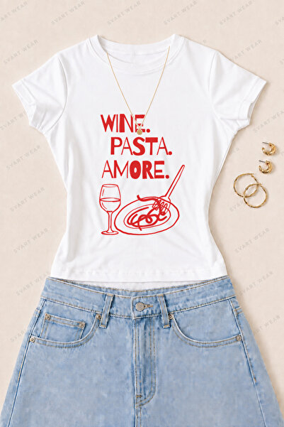 SVART WEAR Tricou de damă Wine Pasta Amore din bumbac imprimat cu lycra, cu c...