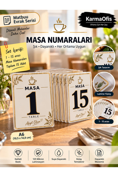 KarmaOfis A6 Laminated Table Number Set 1-15 |   Cafe Restaurant Table Numbering