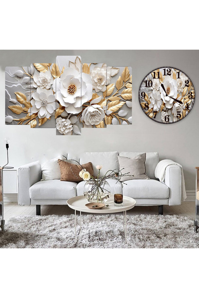 BellaaaModa Çiçekli Dekoratif Desenli Mdf Tablo 5 Parça Set ve Saatli Takım, ...