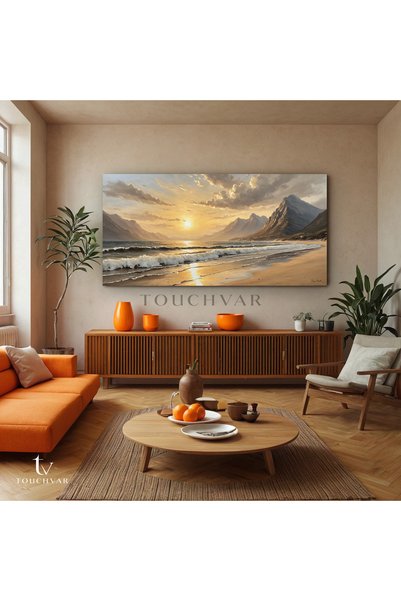 TOUCHVAR Yatay Panoramik Kanvas Tablo Sahil Dağ Manzara Tablosu Ev Ofis Duvar...