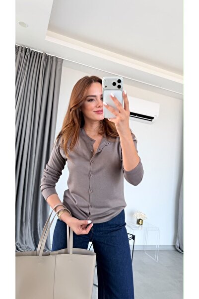 pelin yıldız butik Vizon Bondy Kombine Triko Dantel Ceket
