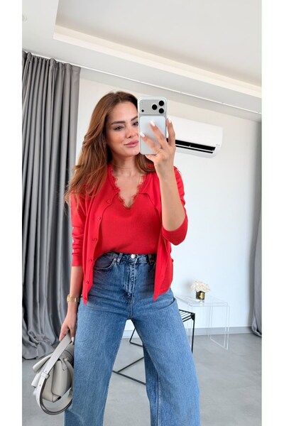 pelin yıldız butik Kırmızı Bondy Kombine Triko Dantel Ceket