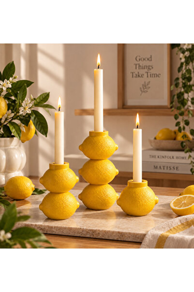 Regislunart 3’Lü Set Limon Tasarımlı Şamdan Seti Ev Oda Dekorasyonu Masa Süsü Mumluk Hediyelik Limon Formlu Set 3D Plastik