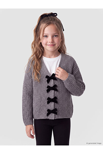 LC Waikiki Lcw Kids Gray Knitwear Plain Girls' Cardigan with Nevavm Difference