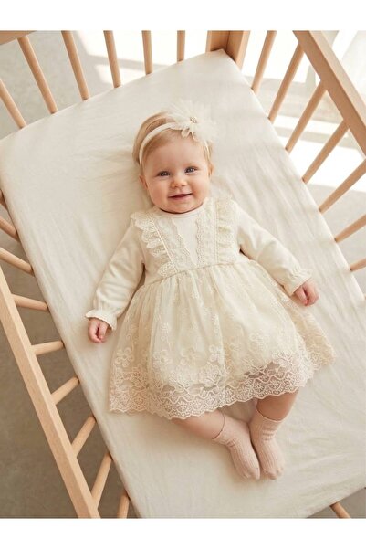 Bebila Baby Kız Bebek Mevlütlük Elbise Bandanalı Dantelli Yenidoğan Hastane ç...