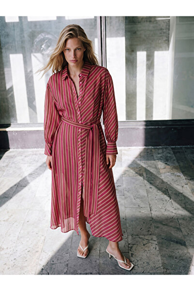LC Waikiki Rmz Gi̇yi̇m Farkiyla Belted Striped Shirt Dress