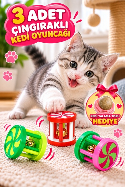 PHENORA Hediyeli Kedi Oyuncağı - 3 Adet Çıngıraklı Kedi Oyuncağı + Yalama Topu