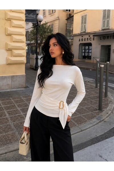 ns nirvana secret Women's Modal Boat Neck Blouse with Belt and Buckle at Waist