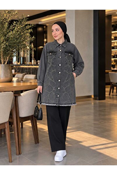 Esra Butik78 🖤 Kot Ceket – Desenli, Düğmeli, Büyük Beden Uyumlu