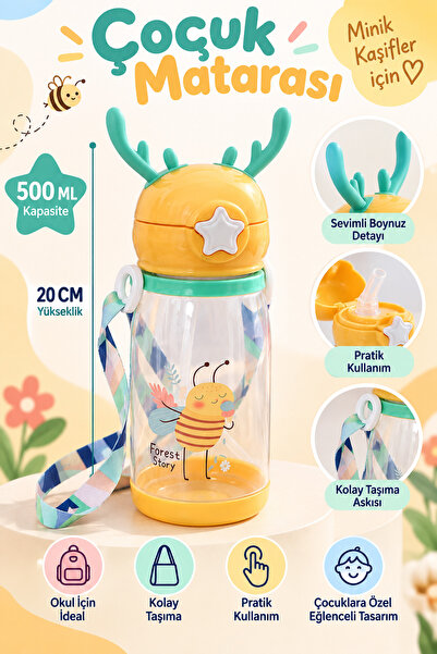 DOVİHOME Çocuk Matarası 500 ML – Pipetli, Askılı ve Boynuz Detaylı Okul Su Ma...