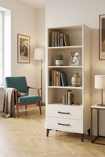 mobihobi Silva Dolap Kitaplık 4 Raflı 2 Çekmeceli Aytaşı 60x30x163: Modern ve...
