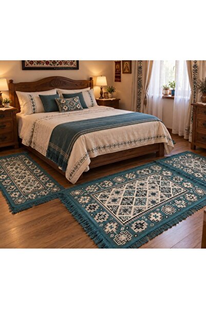 OEM Set 3 covoare bumbac dimensiune 60 x 90 + 60 x 120 + 80 x 150 turquoise
