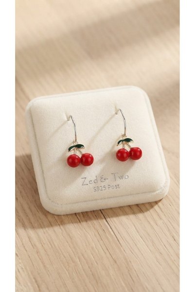 C&On Design Stainless Steel Red Cherry Earrings, Enamel Fruit Model Dangle Wo...